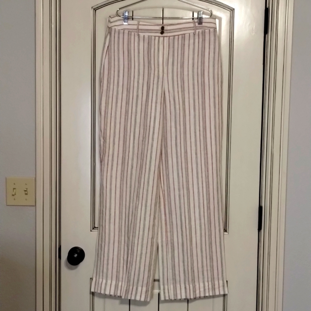 Chicos wide leg pants pinstriped size 10 ivory red black Size 1.5 100% linen